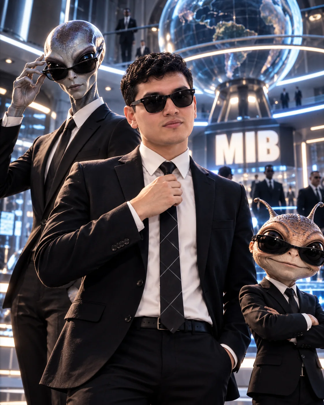 Agente J posando con dos aliados extraterrestres en la sede futurista