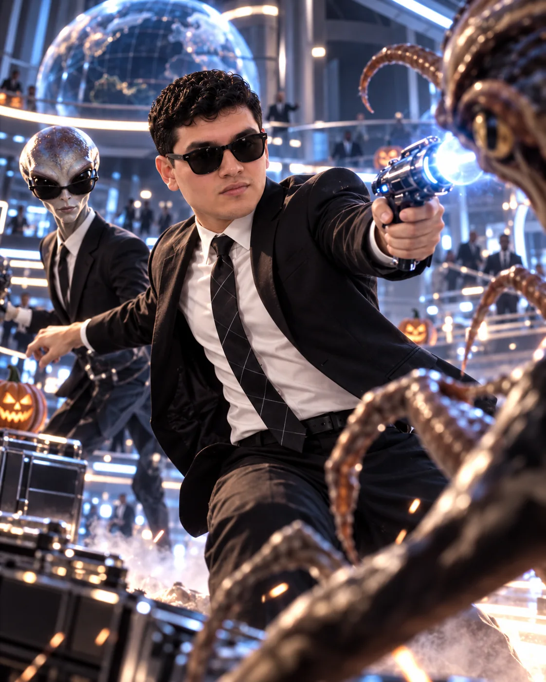 Agente J en escena de acción ficticia enfrentándose a una criatura extraterrestre