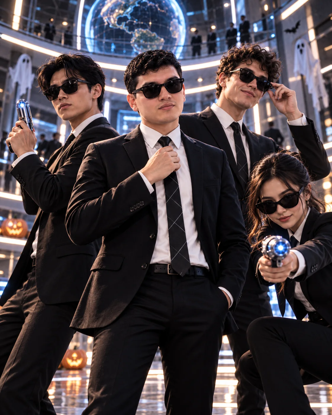 Agente J y tres agentes compañeros con trajes negros y dispositivos futuristas